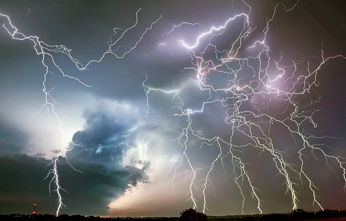 Photo wallpaper storm, sky, Lightning, clouds, horizon, Thunder, Lightning bolts