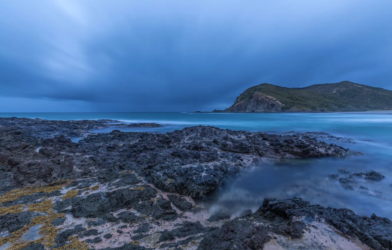 Photo wallpaper sea, the sky, clouds, blue, stones, rocks, coast, New Zealand
