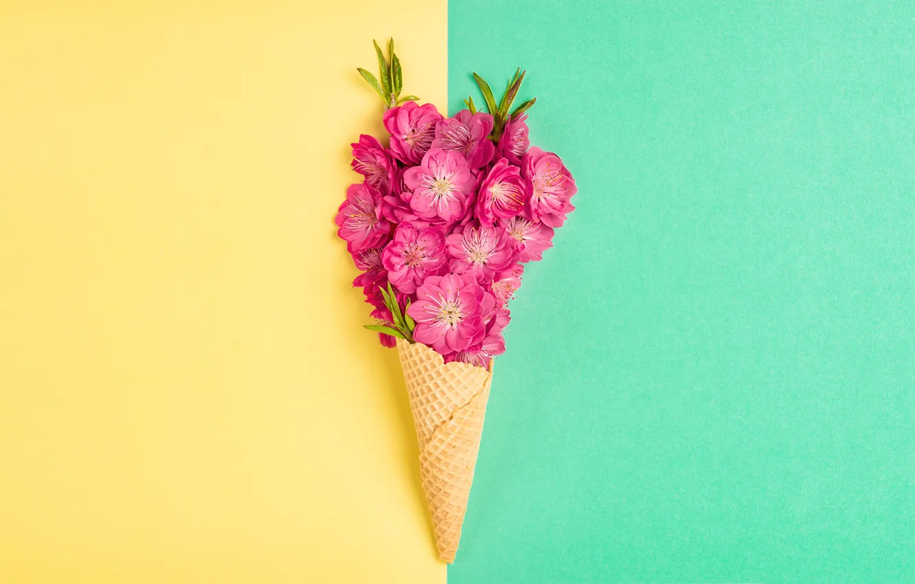 Photo wallpaper peaches, horn, flowers, waffle, pink