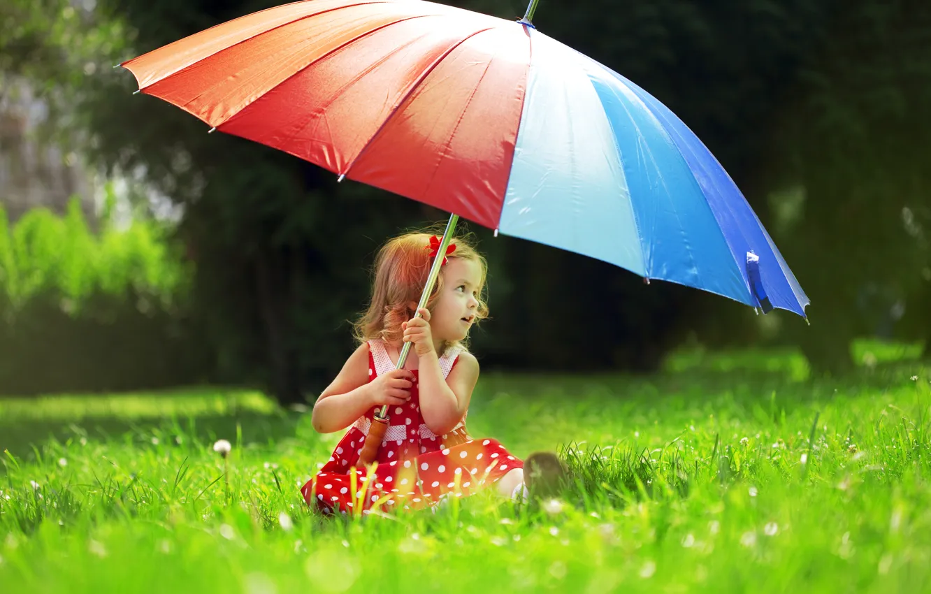 Photo wallpaper grass, trees, nature, umbrella, child, polka dot, dress, girl