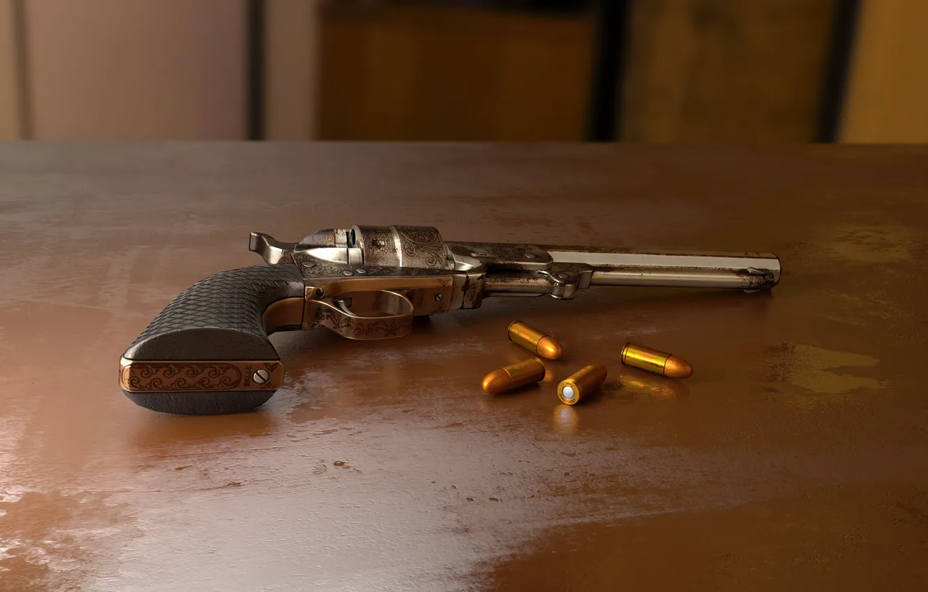 Photo wallpaper rendering, gun, weapons, table, cartridges, computer graphics