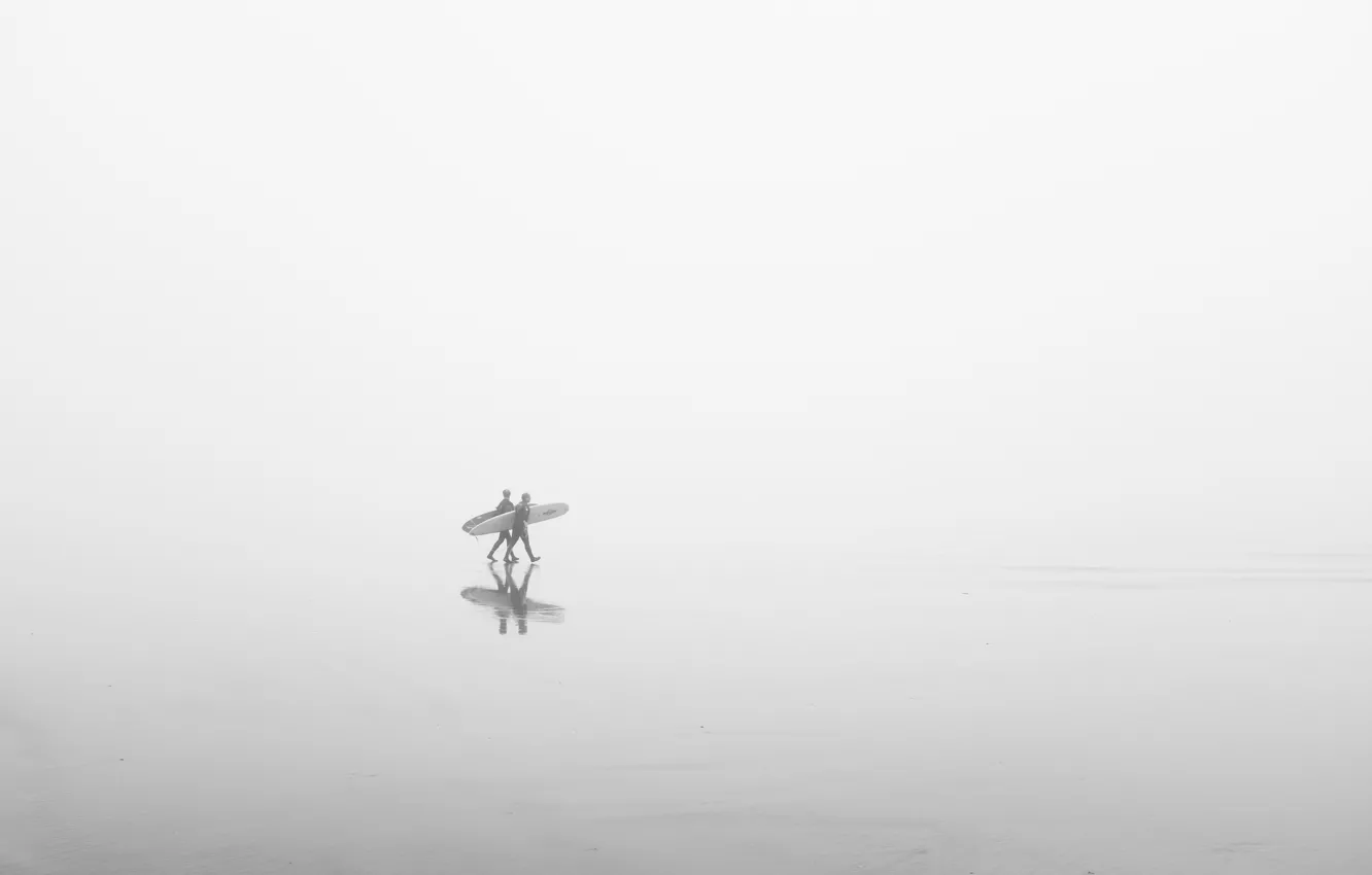 Photo wallpaper fog, reflection, mirror, surfer