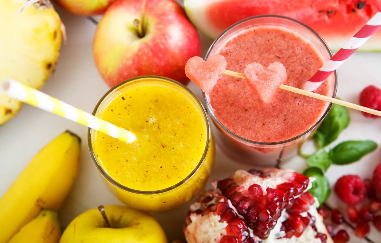 Photo wallpaper raspberry, apples, watermelon, bananas, garnet, smoothies