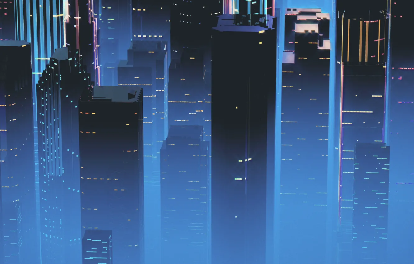 Photo wallpaper Night, Music, The city, Skyscrapers, Background, Neon, 80's, Synth