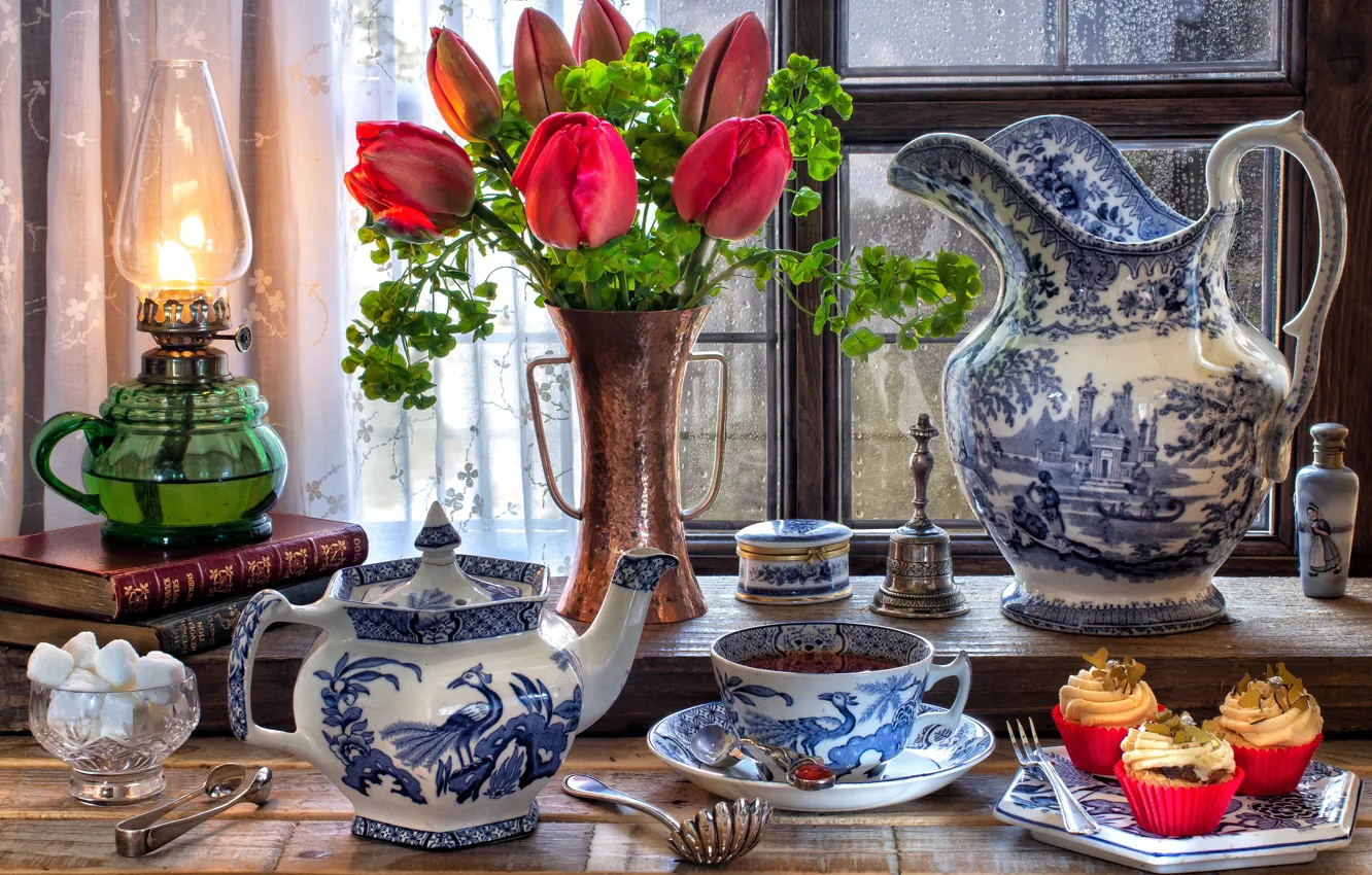 Photo wallpaper flowers, style, tea, books, lamp, window, the tea party, tulips