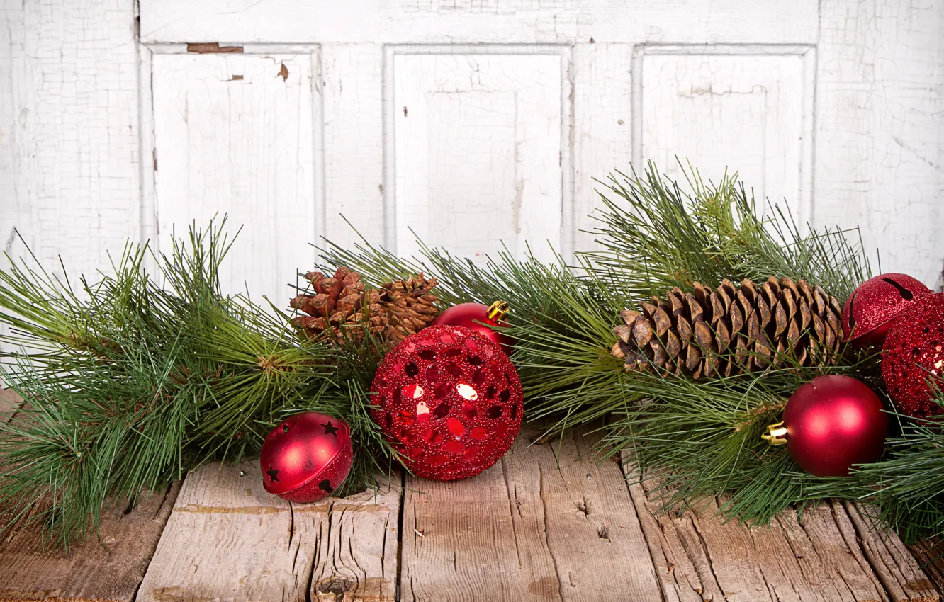 Photo wallpaper balls, branches, red, balls, toy, new year, bumps, pine