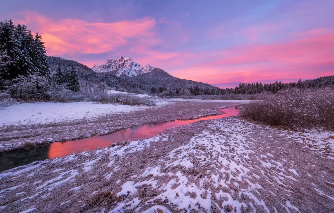 Photo wallpaper winter, mountains, dawn, morning, river, Slovenia, Slovenia, The Julian Alps