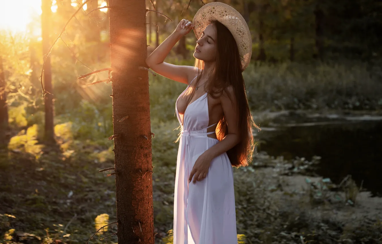 Photo wallpaper forest, girl, the sun, pose, river, hair, hat, figure