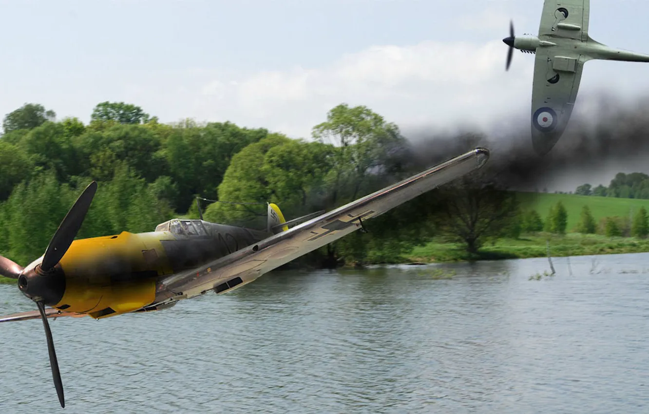 Photo wallpaper figure, fighter, the plane, Spitfire, Bf-109