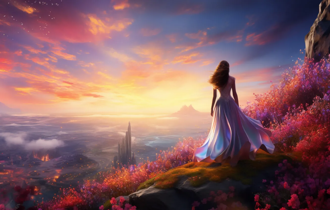 Photo wallpaper the sky, girl, clouds, light, flowers, mountains, nature, fog