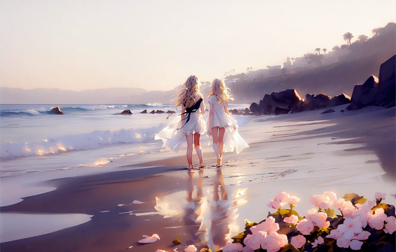 Photo wallpaper palm trees, home, walk, vacation, Cote d'azur, coast, rocky shore, two girls