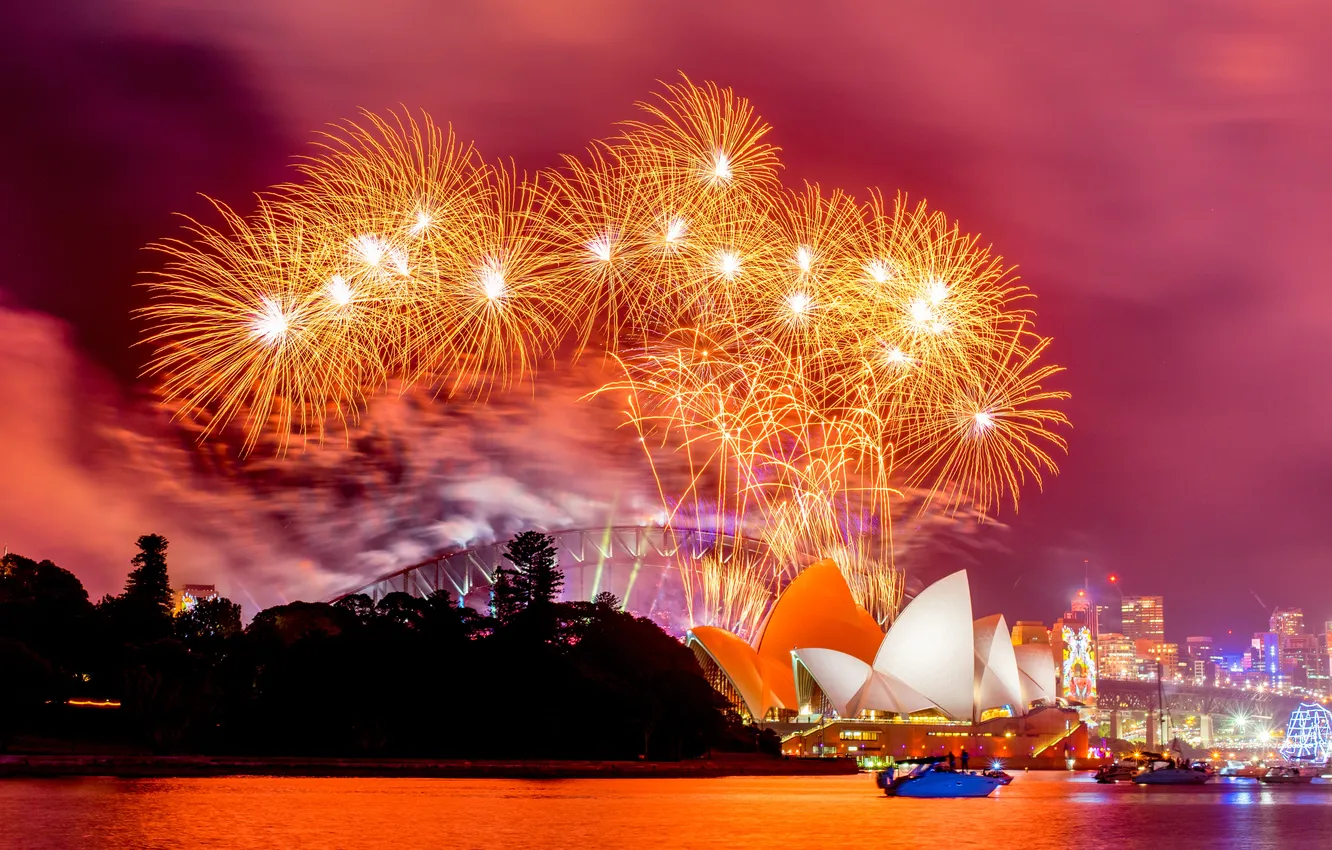 Photo wallpaper light, landscape, new, New Year, fireworks, holiday, Happy, harbor