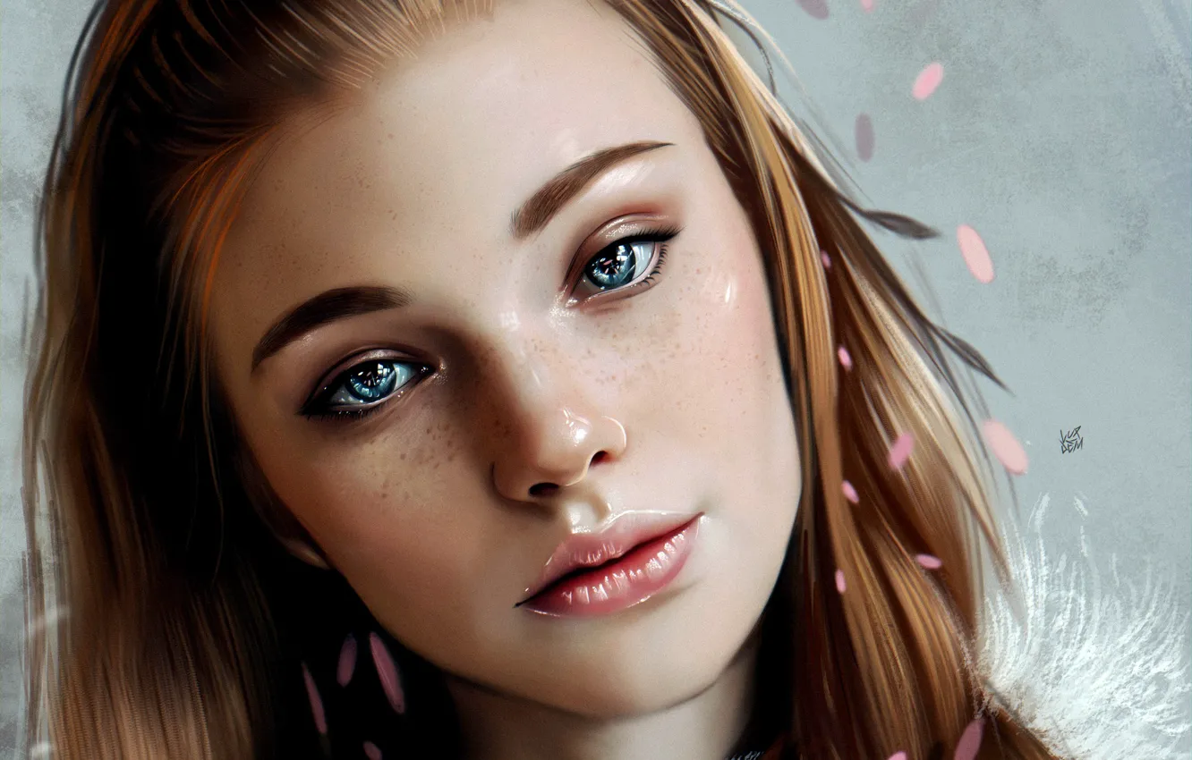 Photo wallpaper Girl, art, blue eyes, lips, face, redhead, digital art, artwork