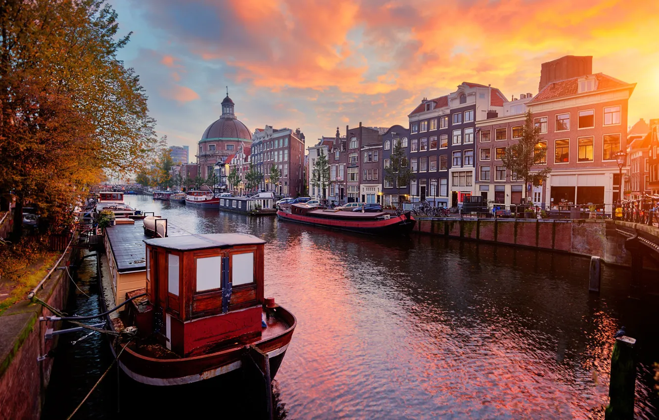 Photo wallpaper autumn, sunset, the city, building, home, boats, Amsterdam, Church