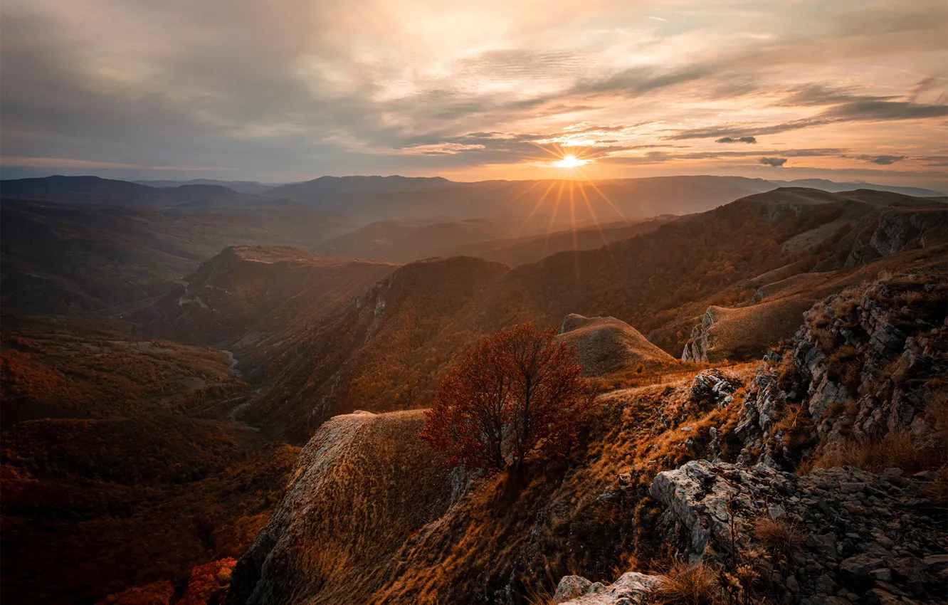 Photo wallpaper autumn, the sun, sunset, mountains