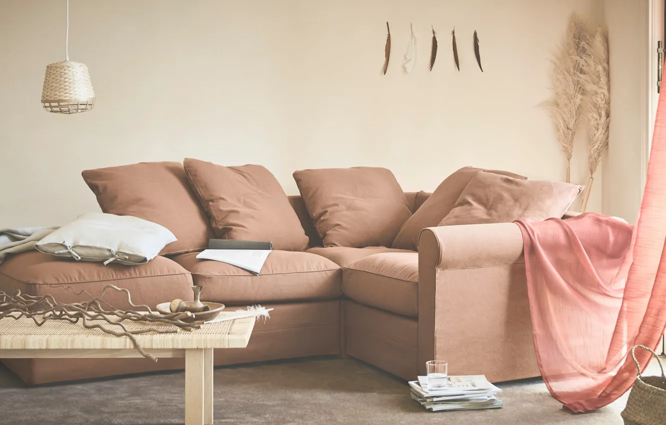 Photo wallpaper design, style, interior, sofa, living room, pastel colors, IKEA, IKEA idea decor