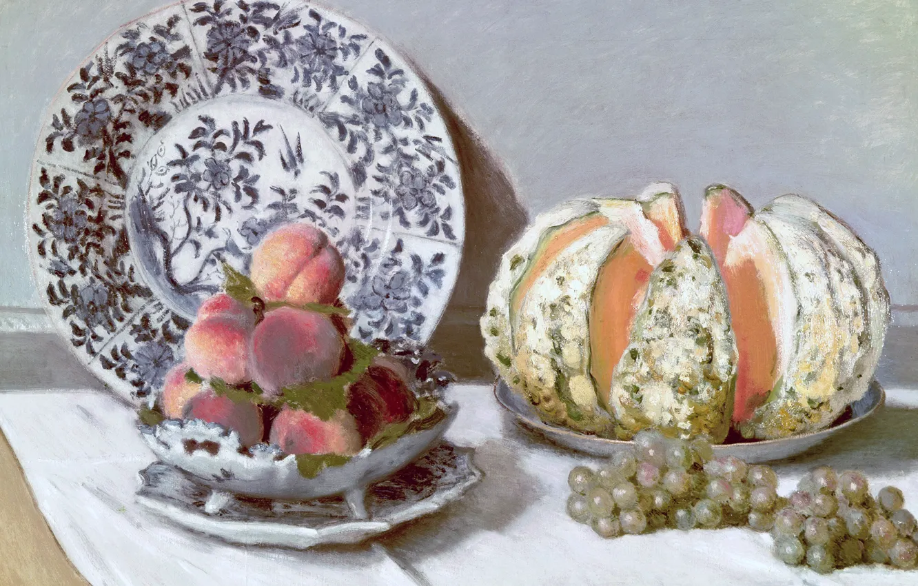Photo wallpaper picture, grapes, peaches, dish, Claude Monet, Still life with Melon