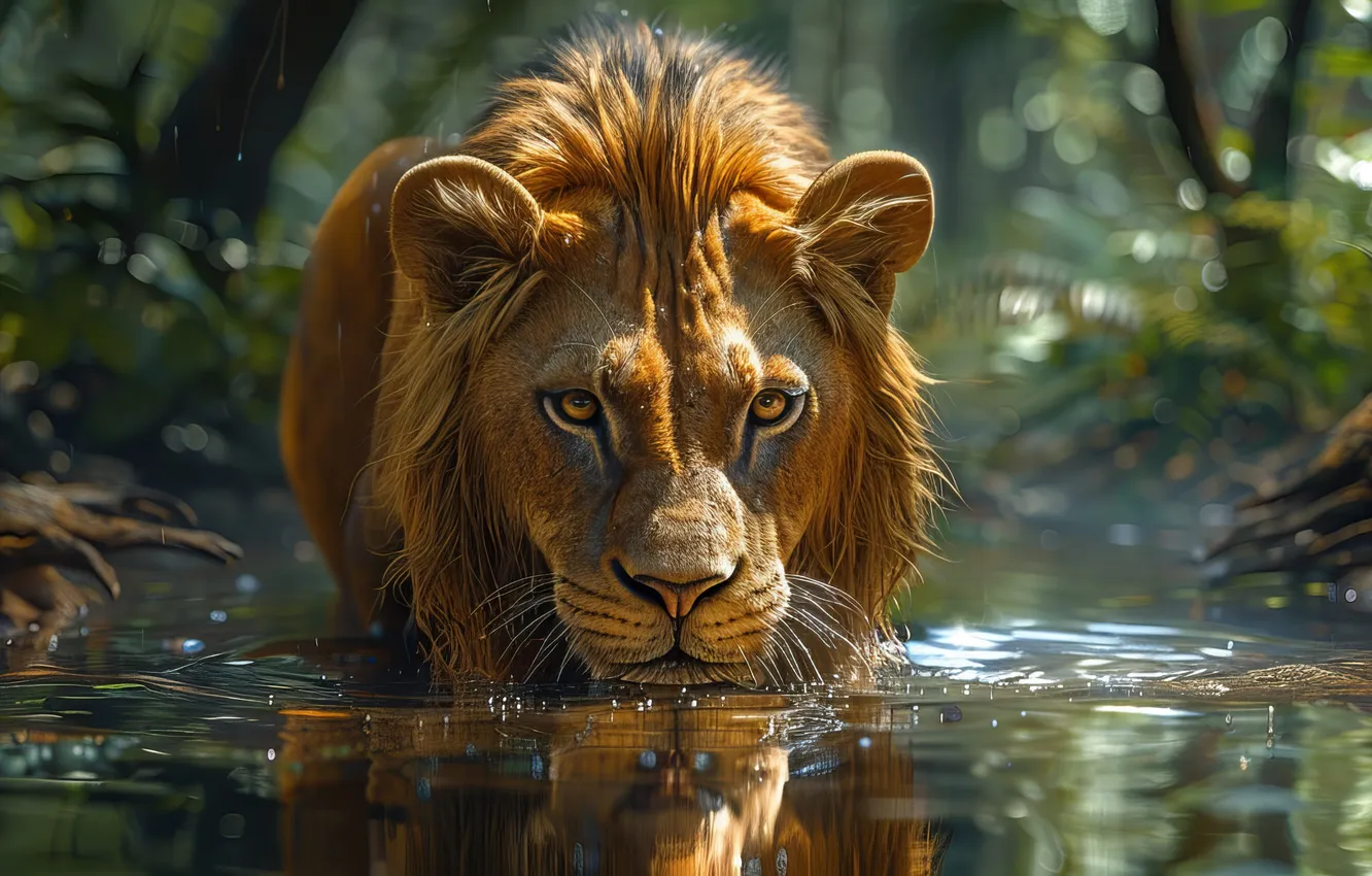 Photo wallpaper grass, look, face, water, trees, predator, Leo, drink