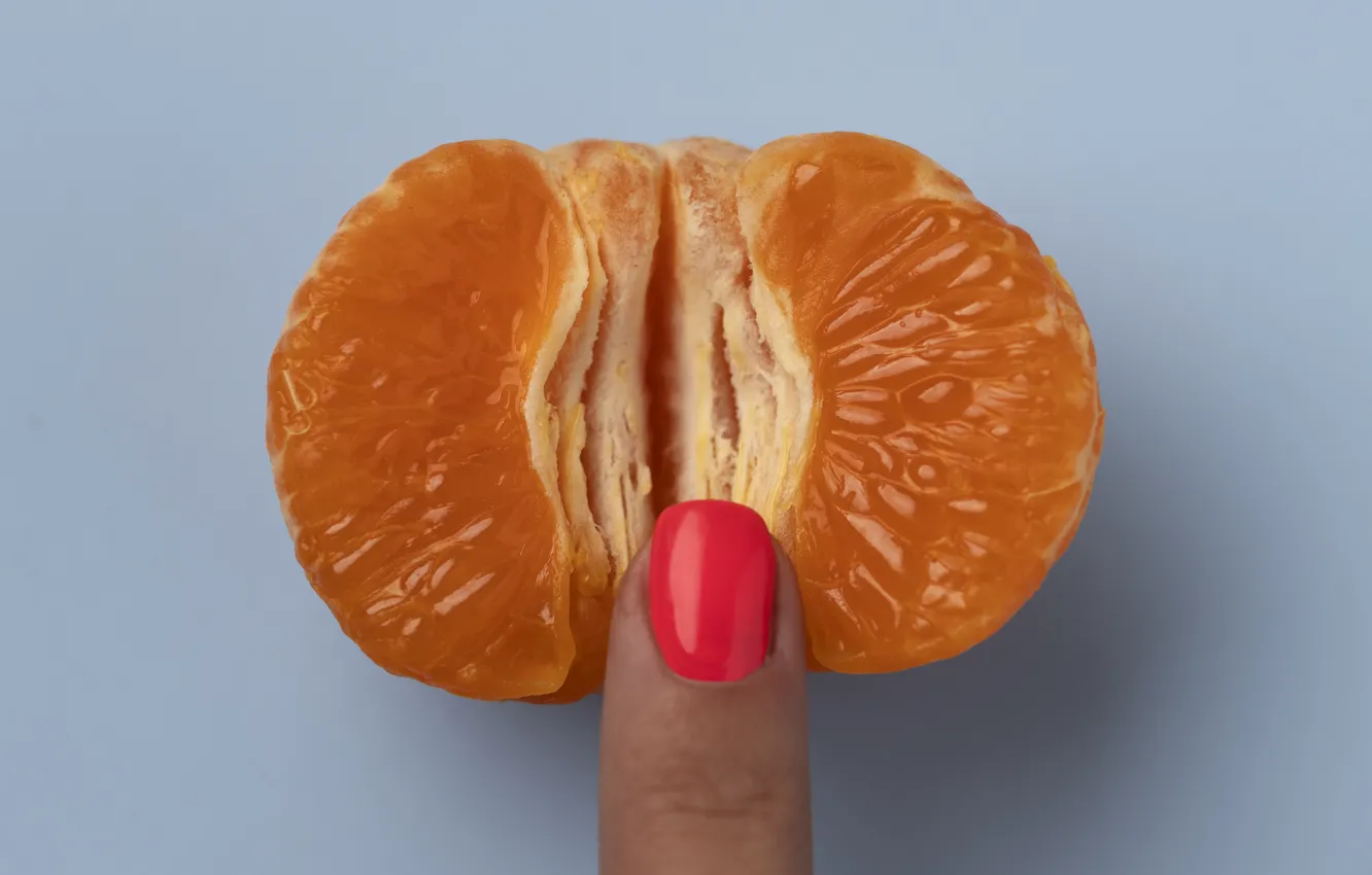 Photo wallpaper touch, fingers, nails, blue background, slices, manicure, tangerines, tangerine