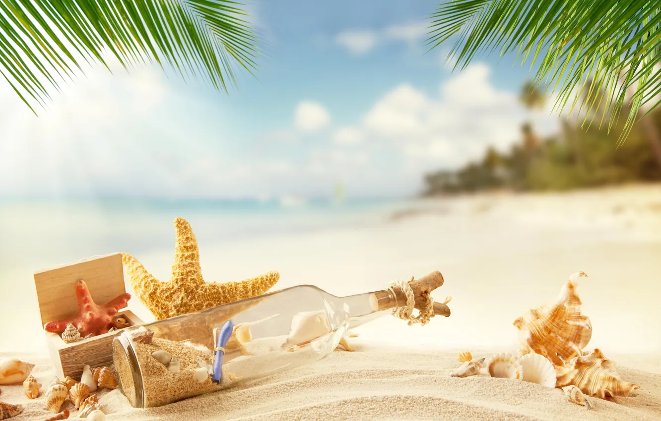 Photo wallpaper sand, sea, wave, beach, summer, the sky, stars, palm trees