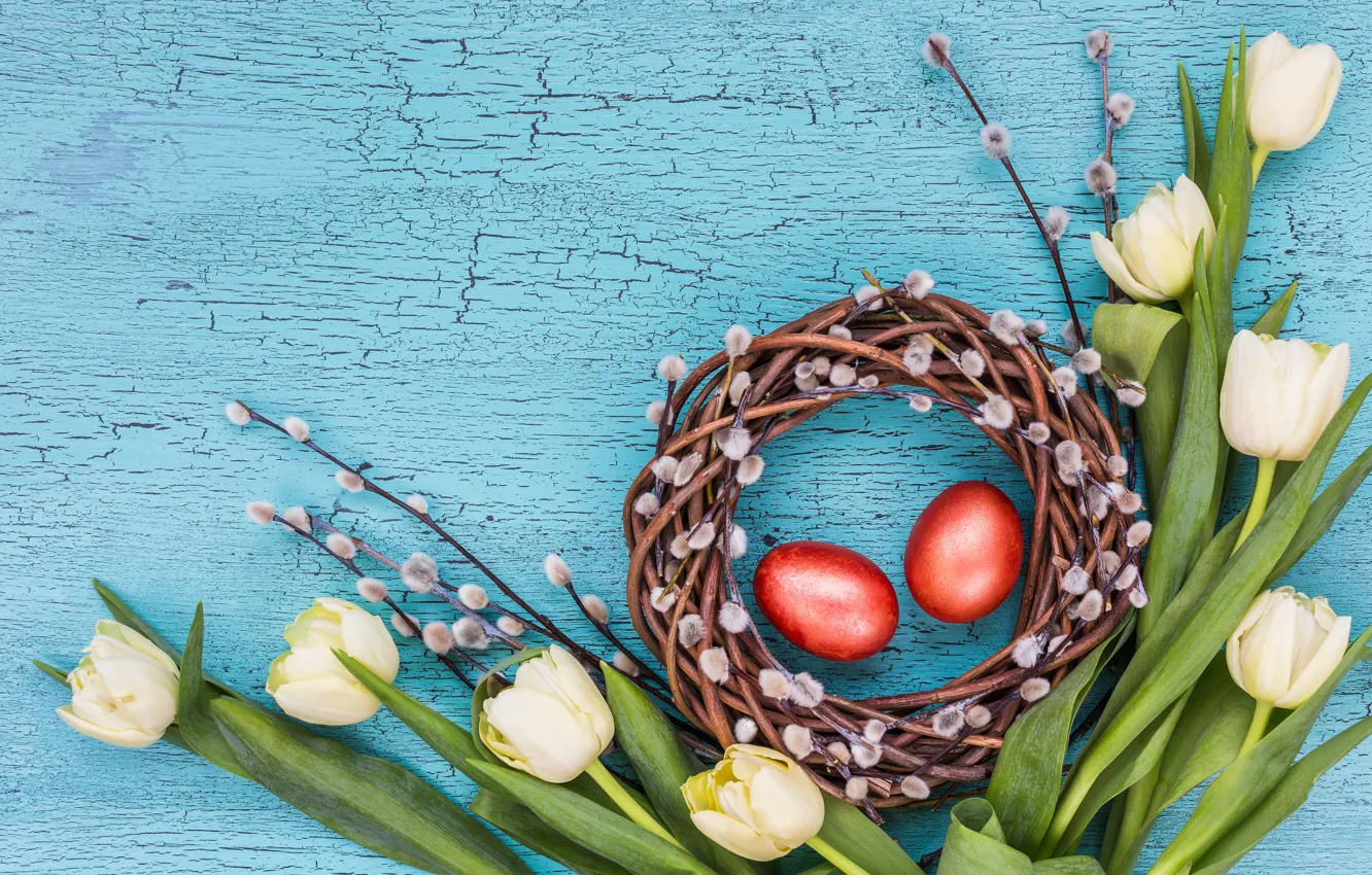 Photo wallpaper holiday, eggs, Easter, tulips, wreath, Verba