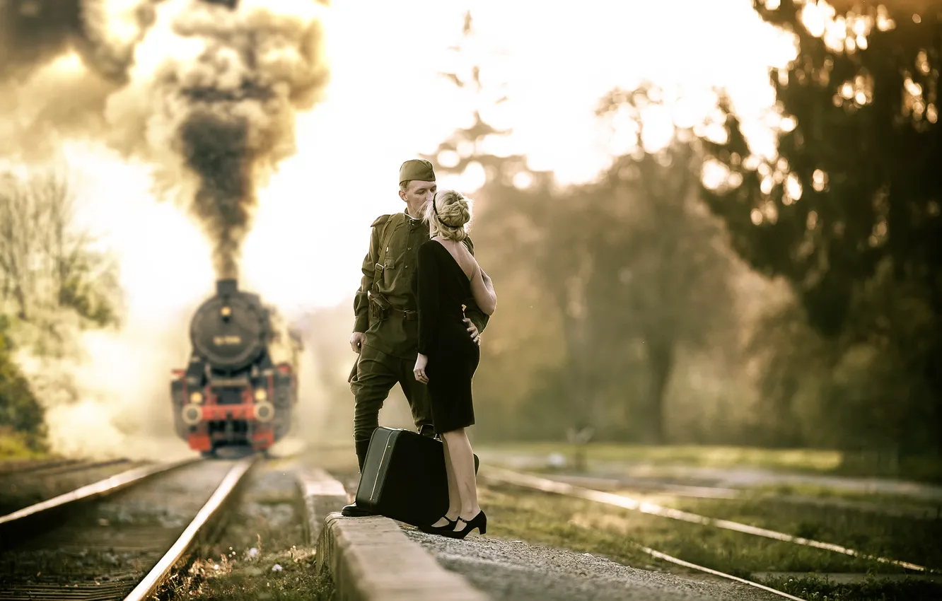 Photo wallpaper girl, rails, train, goodbye, pussy, military, tunic, there is such a profession