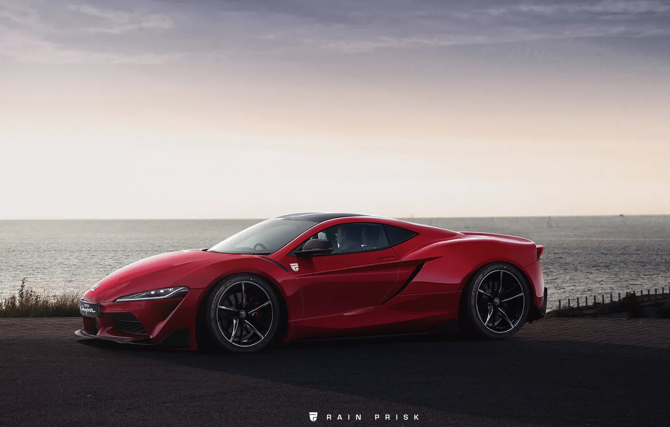Photo wallpaper sea, machine, auto, red, the ocean, coast, Supra, Toyota Supra