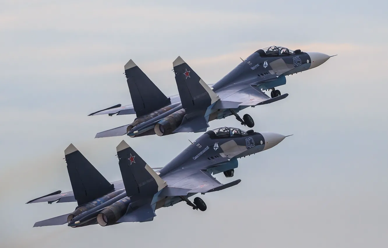 Photo wallpaper flight, fighter, pair, Russia, multipurpose, Su-30CM