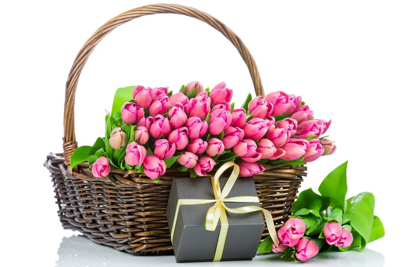Photo wallpaper gift, basket, spring, tulips, pink, March 8, beautiful