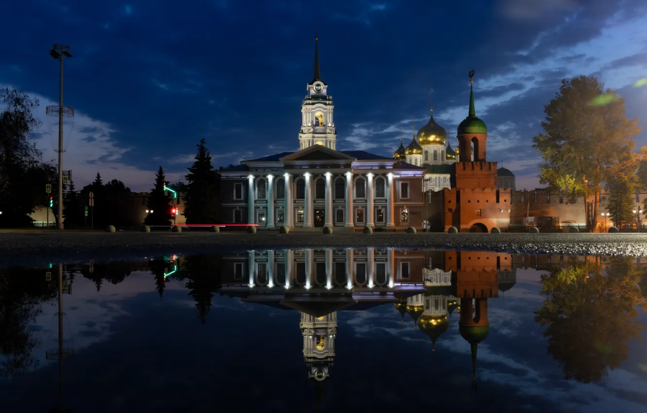 Photo wallpaper water, night, the city, reflection, The Kremlin, the dome, Tula, Pavel Trefilov