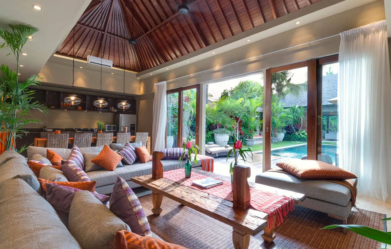 Photo wallpaper interior, pool, kitchen, terrace, living room, dining room, Bali, villa Eshara III