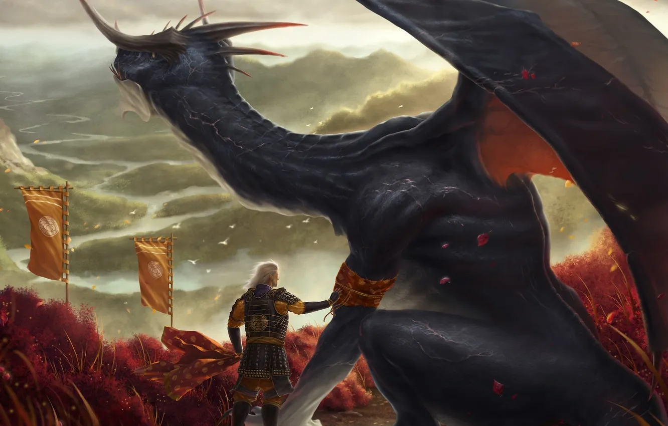 Photo wallpaper the wind, dragon, people, petals, scarf, art, horns, headband