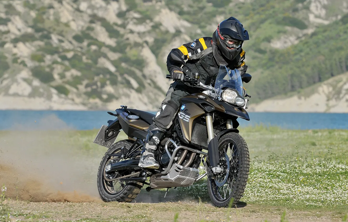 Photo wallpaper grass, background, BMW, BMW, motorcycle, biker, motorcyclist, the front
