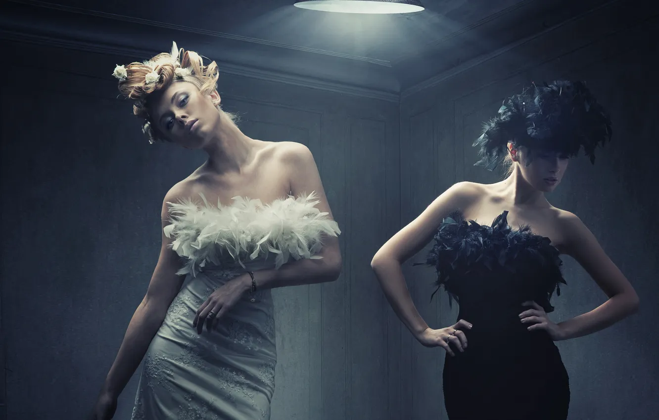 Photo wallpaper white, look, girl, black, brunette, blonde, hat, fashion