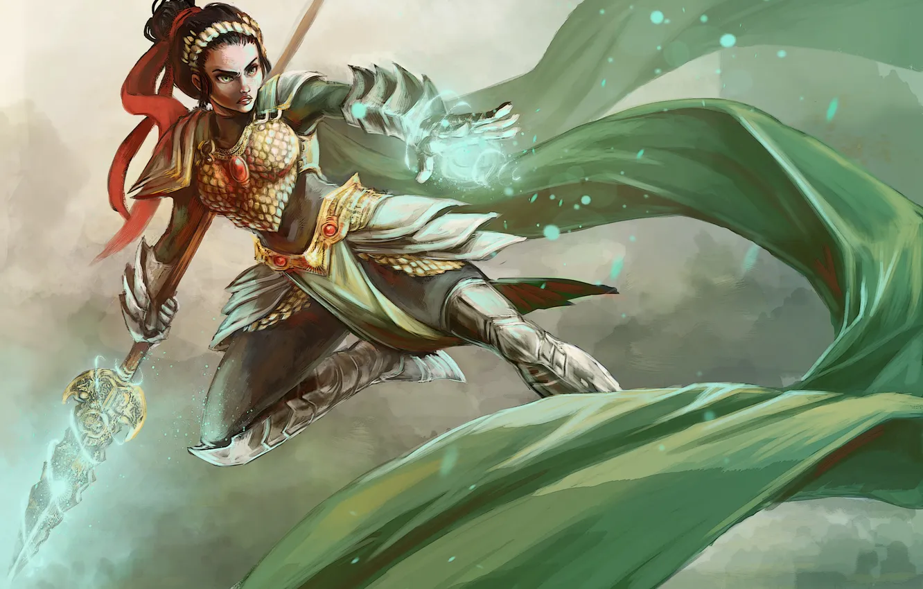 Photo wallpaper girl, fiction, magic, armor, art, staff