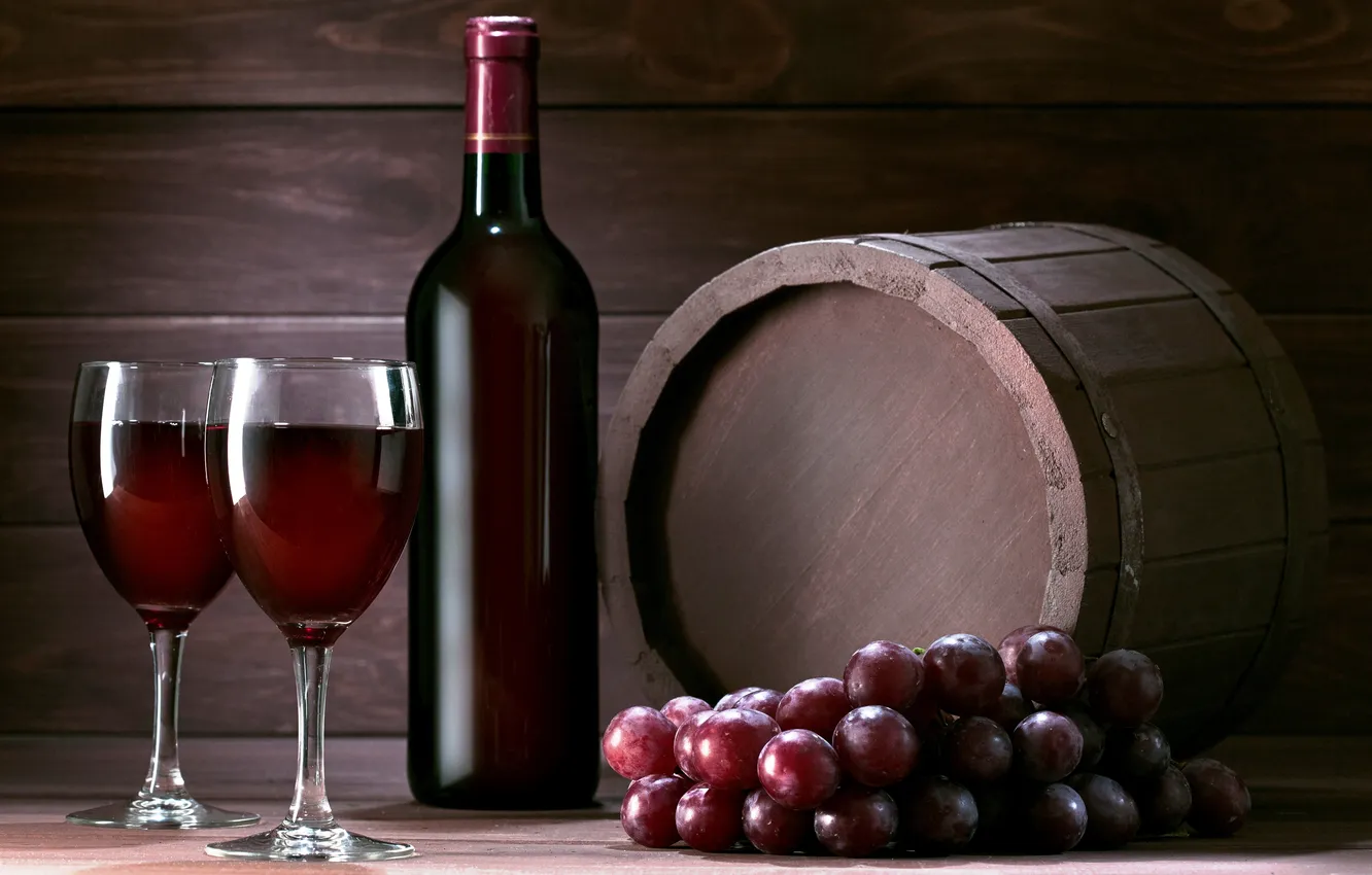 Photo wallpaper red, wine, glass, bottle, grapes, bunch, wooden, barrel