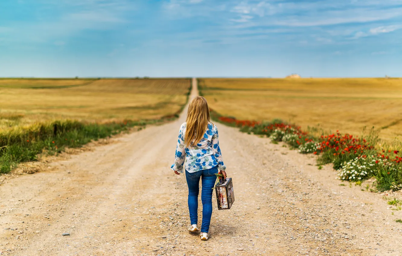 Photo wallpaper road, field, girl, back