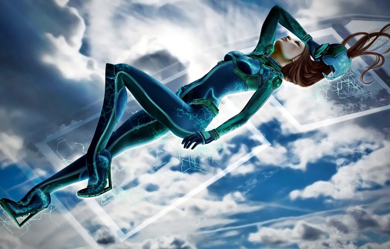 Photo wallpaper girl, clouds, costume, girl, Cyber, clouds, digital art, fantasy art