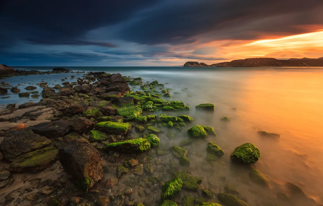 Photo wallpaper sea, the sky, clouds, stones, the evening, Spain, Murcia