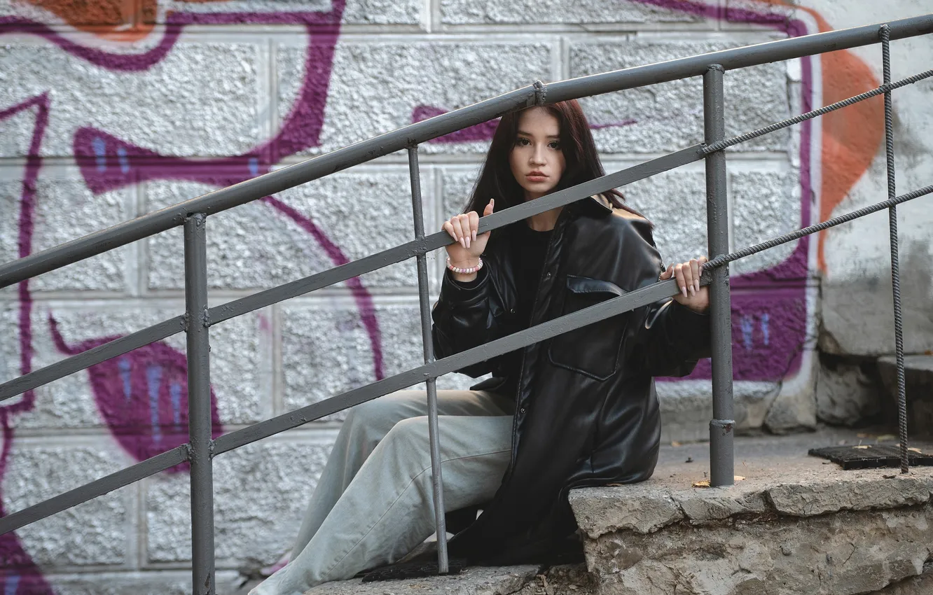 Photo wallpaper girl, wall, graffiti, model, jeans, brunette, urban, sitting