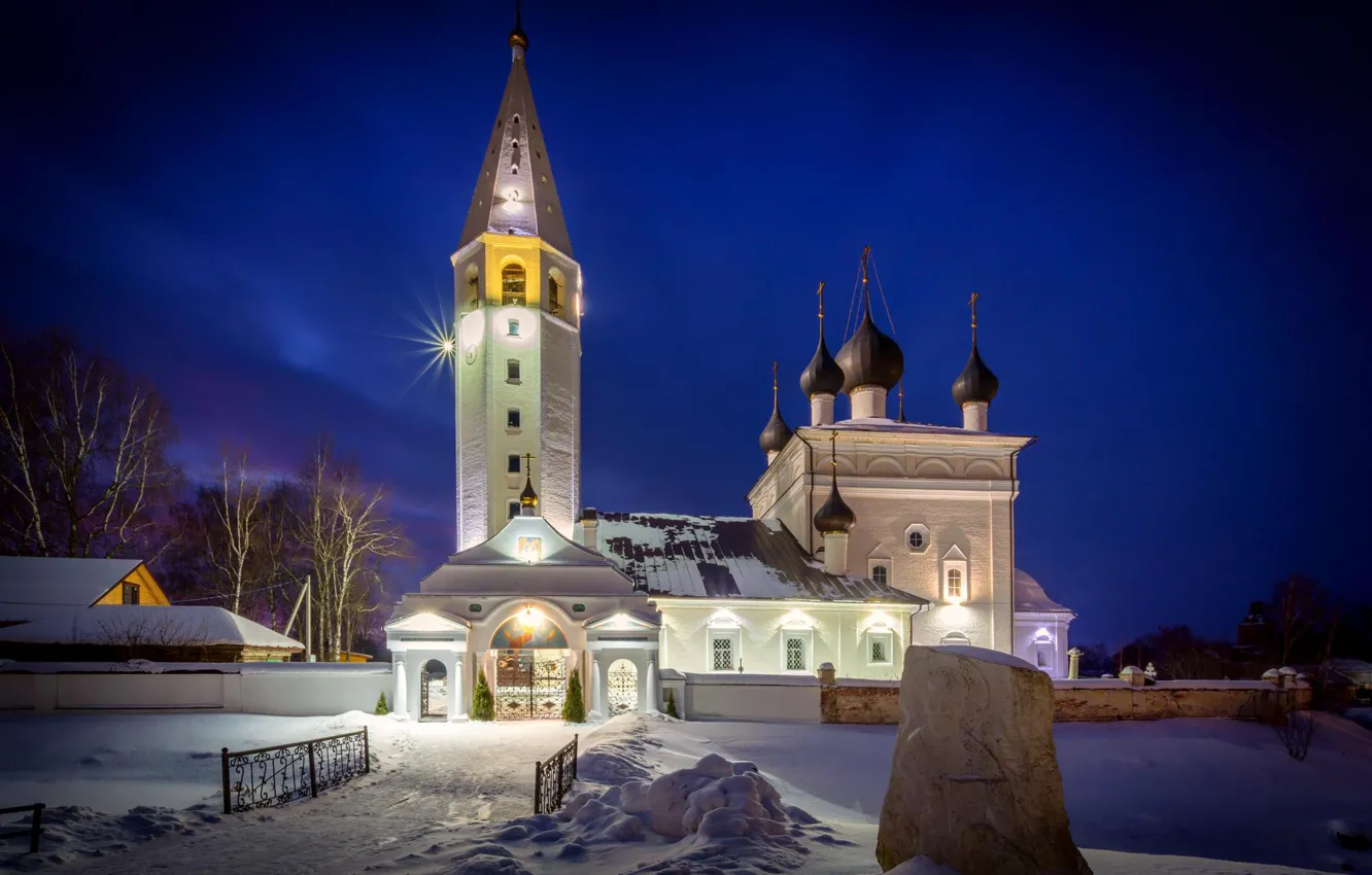 Photo wallpaper winter, snow, landscape, night, lighting, backlight, the bell tower, Church Of The Resurrection