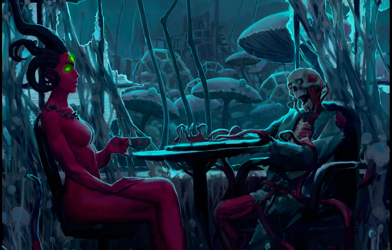 Photo wallpaper table, meeting, horns, mutant, dead, alexiuss, romantic apocalyptic, zee captain