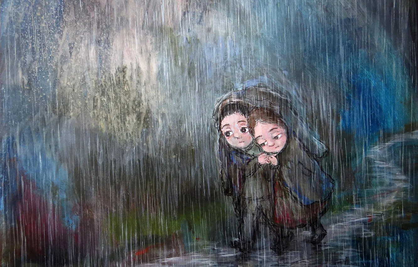 Photo wallpaper rain, pair, two, Nino Chakvetadze