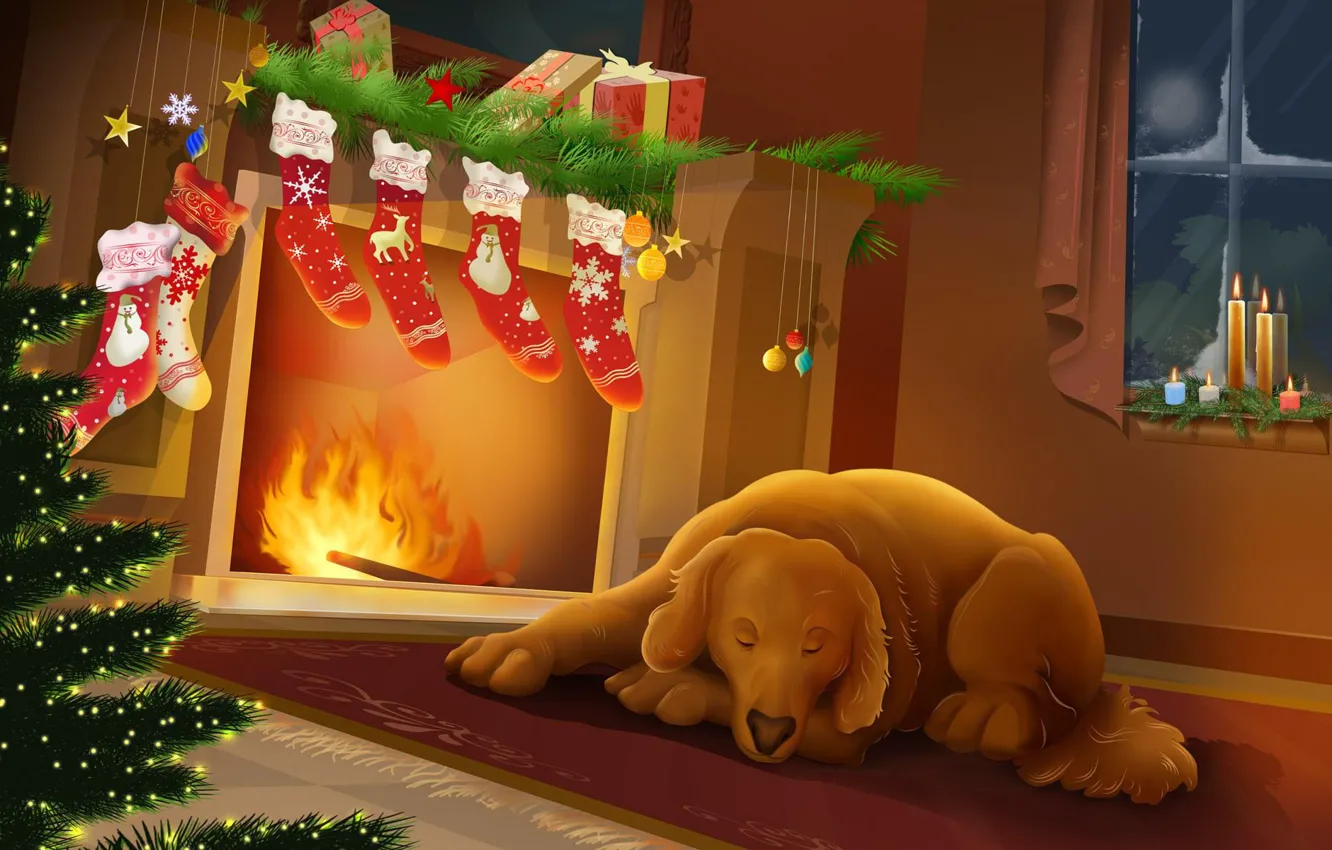 Photo wallpaper night, heat, new year, Christmas, dog, fireplace