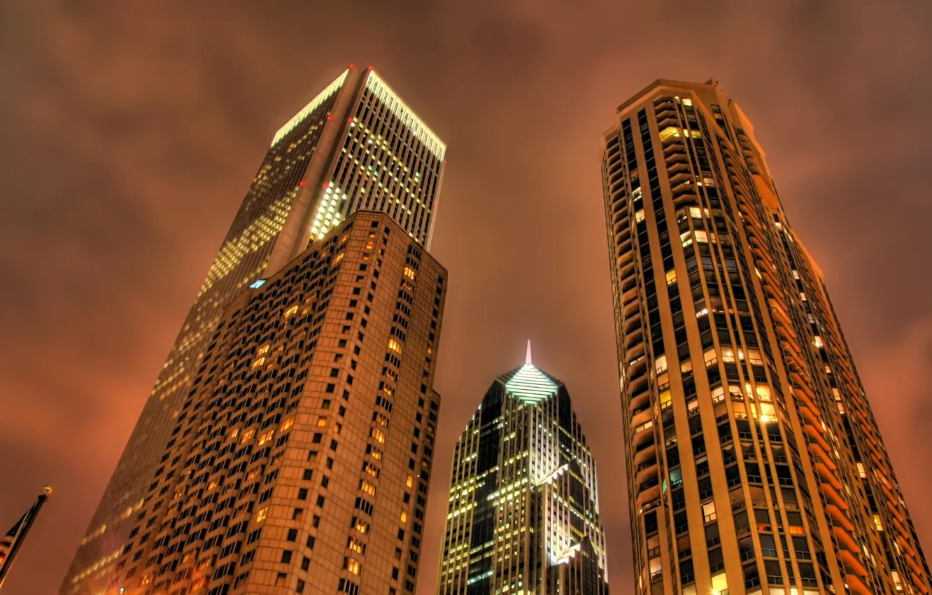 Photo wallpaper night, skyscrapers, orange sky