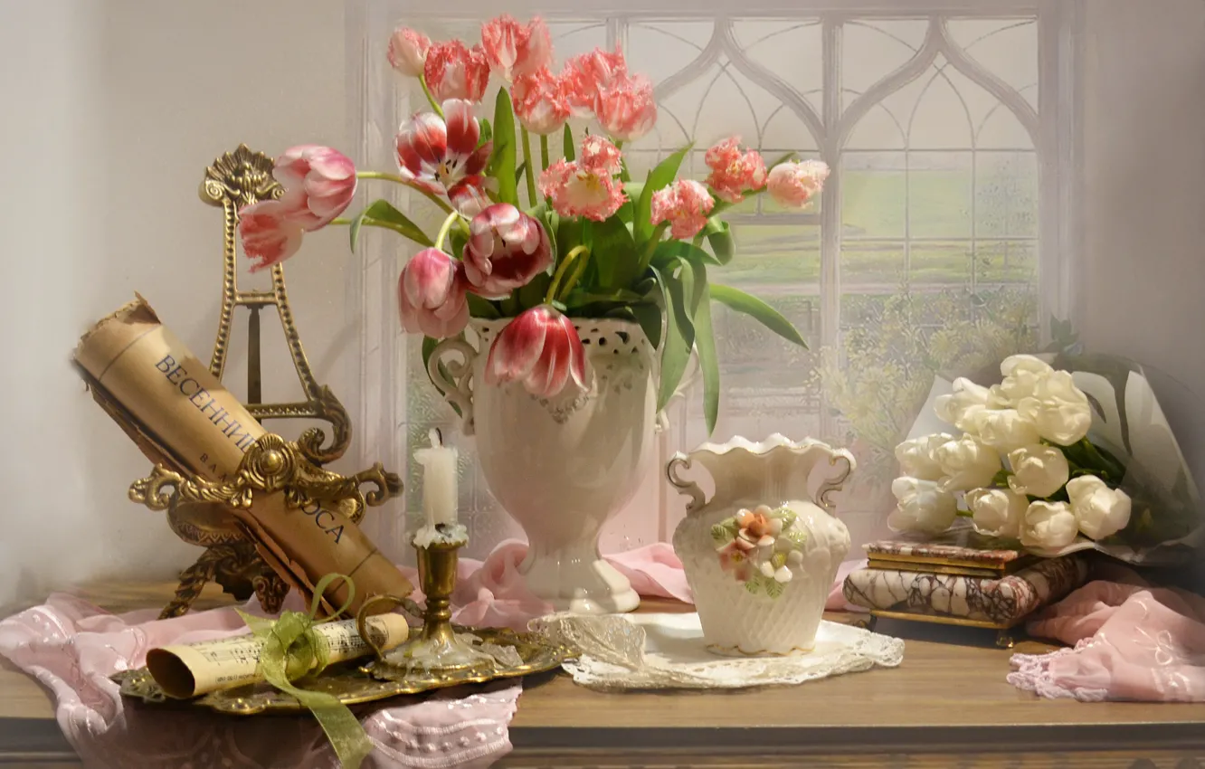 Photo wallpaper flowers, candle, window, tulips, vase, still life, swipe, scrolls