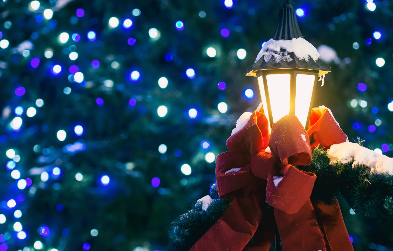 Photo wallpaper winter, light, snow, branches, red, holiday, tree, new year