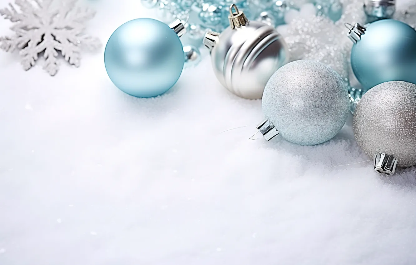 Photo wallpaper winter, snow, decoration, balls, new year, Christmas, Christmas, blue