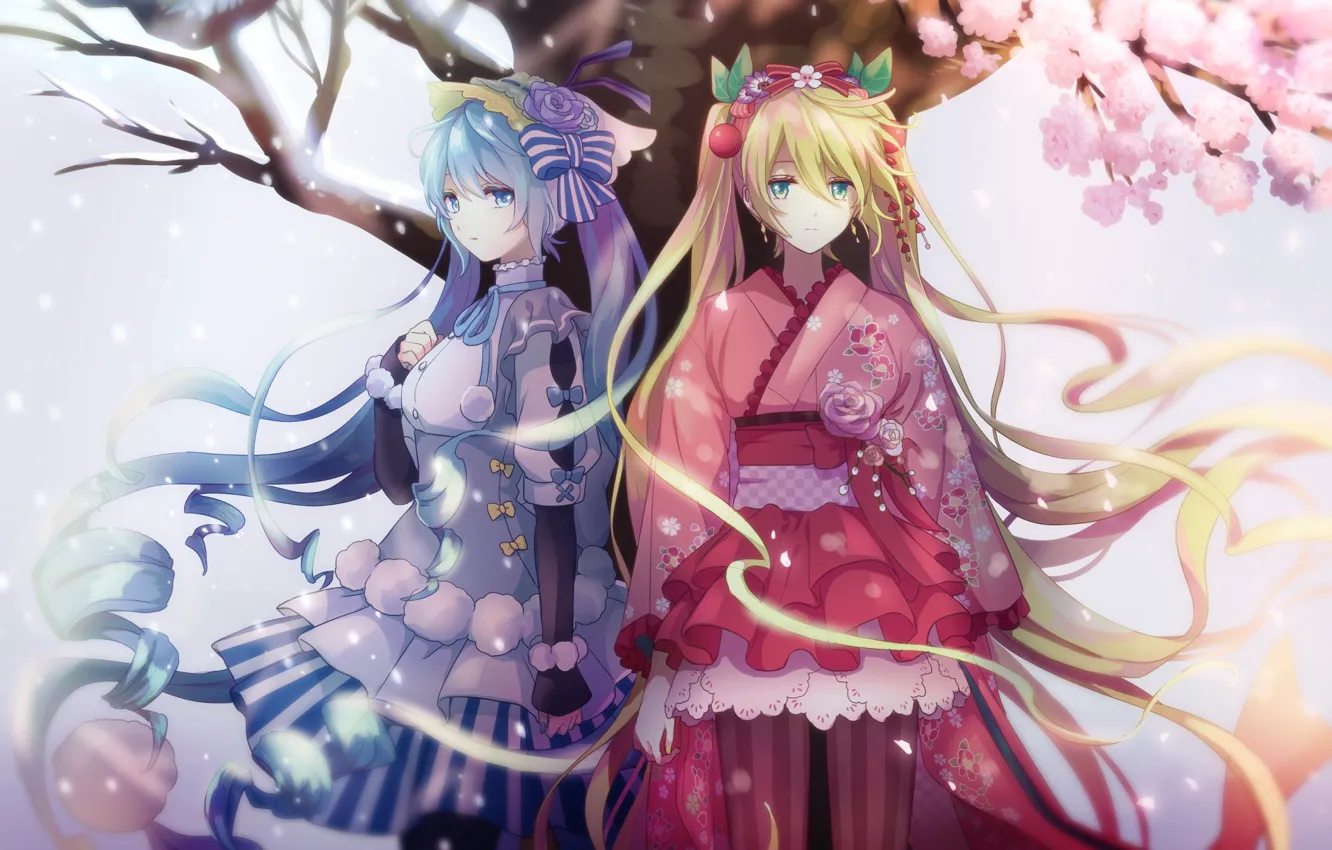 Photo wallpaper snow, flowers, tree, petals, dress, vocaloid, hatsune miku, anime