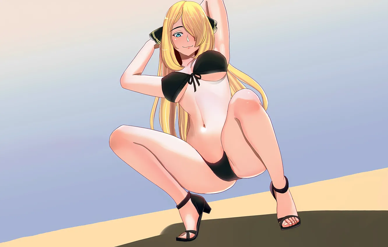 Photo wallpaper girl, sexy, cleavage, green eyes, long hair, legs, boobs, anime